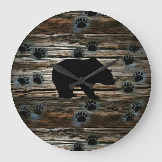 Black Bear Black Bear Paws Rustic Wood Large Clock (Front)