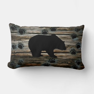 Black Bear Black Bear Paws Rustic Wood Lumbar Cushion
