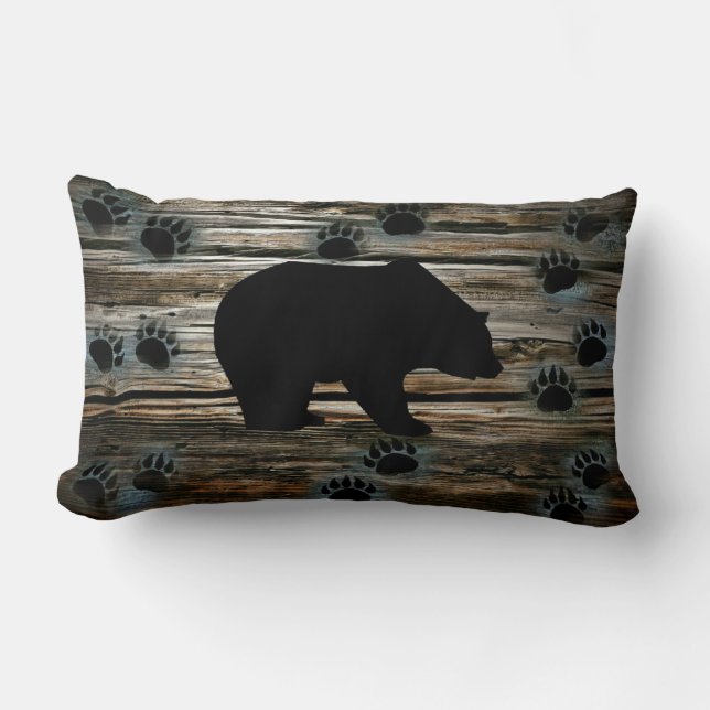 Black Bear Black Bear Paws Rustic Wood Lumbar Cushion (Front)