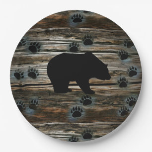 Black Bear Black Bear Paws Rustic Wood Paper Plate