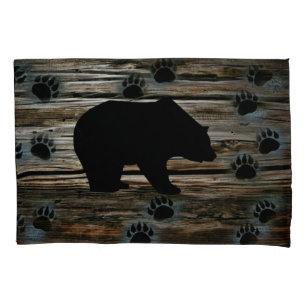 Black Bear Black Bear Paws Rustic Wood Pillowcase