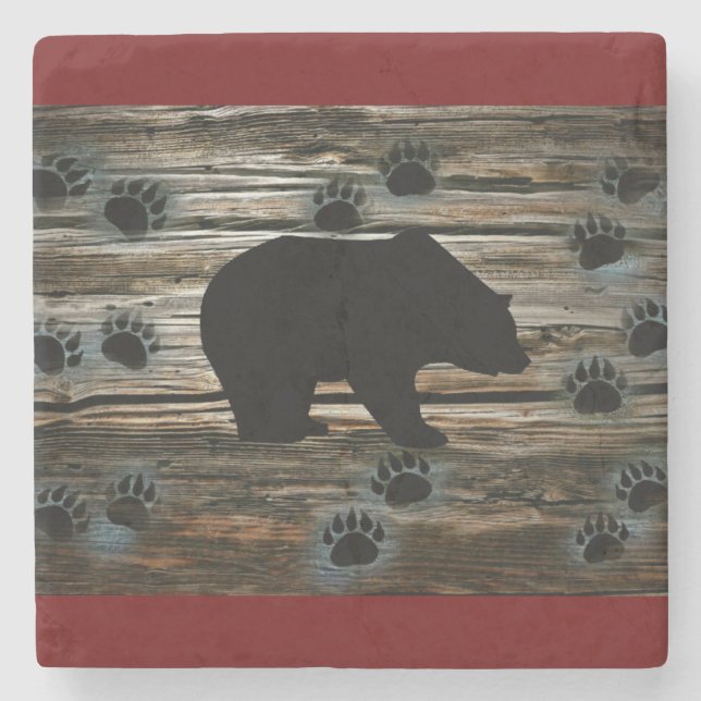 Black Bear Black Bear Paws Rustic Wood Stone Coaster (Front)