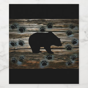 Black Bear Black Bear Paws Rustic Wood Wine Label