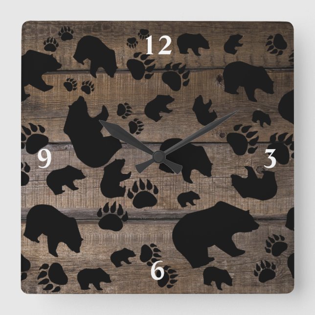 Black Bear Black Bear Paws Square Wall Clock (Front)