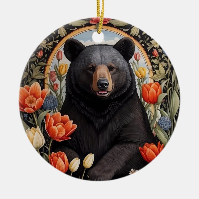 Black Bear Colourful Tulip Flowers Ceramic Ornament (Front)