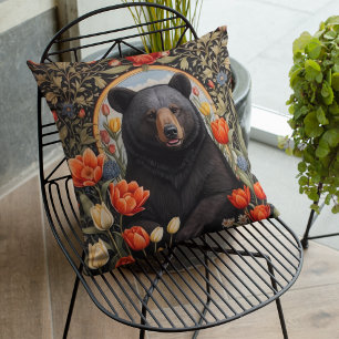 Black Bear Colourful Tulip Flowers Cushion
