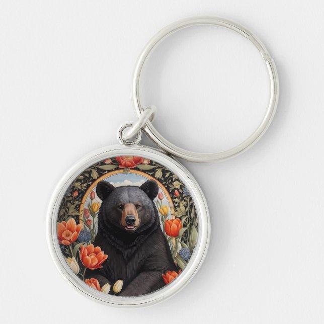 Black Bear Colourful Tulip Flowers Key Ring (Front)