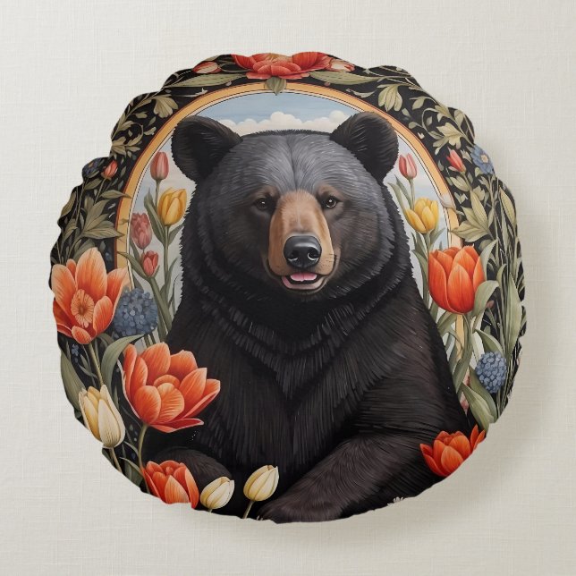 Black Bear Colourful Tulip Flowers Round Cushion (Front)
