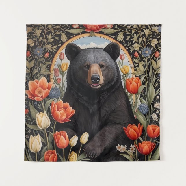 Black Bear Colourful Tulip Flowers Tapestry (Front)