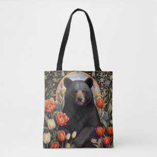 Black Bear Colourful Tulip Flowers Tote Bag