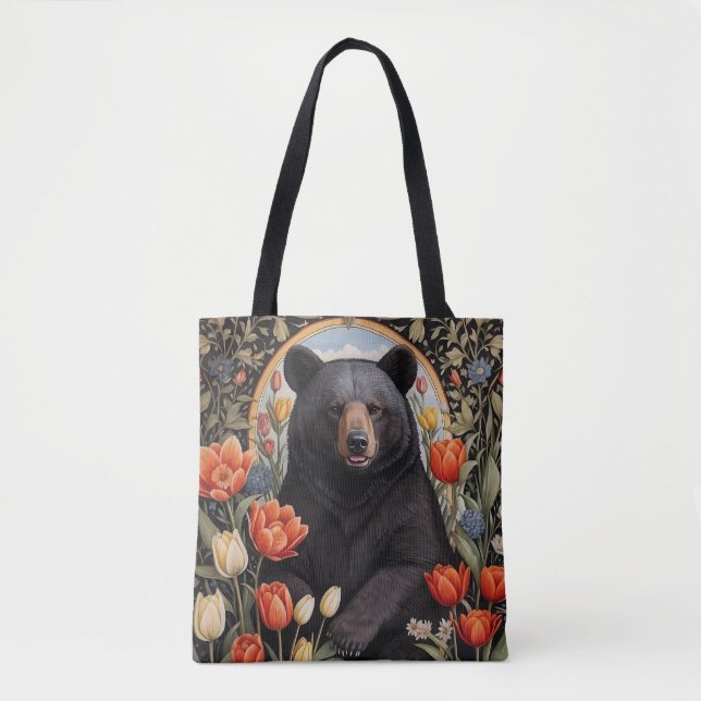 Black Bear Colourful Tulip Flowers Tote Bag (Front)