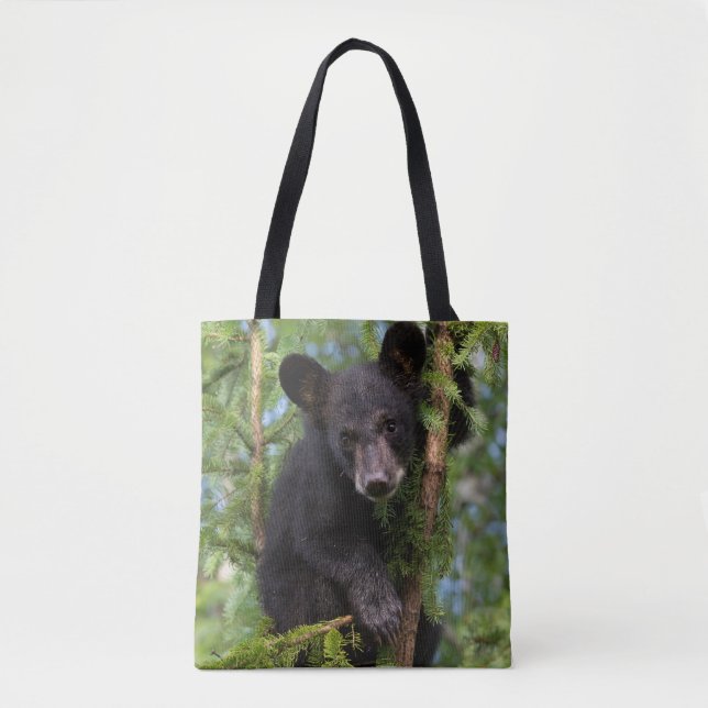 Black Bear Cub Playing in Trees Tote Bag (Front)