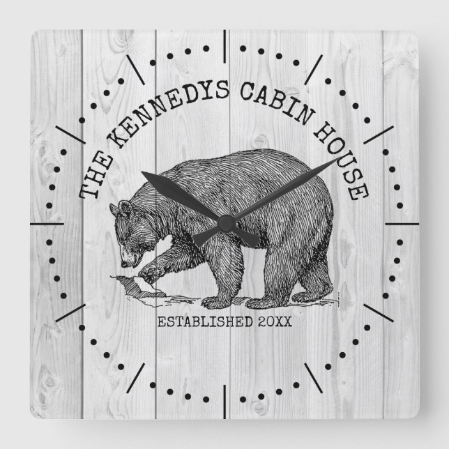 Black Bear Family Name Grey Wood Cabin House  Square Wall Clock (Front)