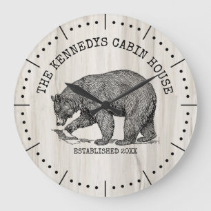 Black Bear Family Name Natural Wood Cabin House   Large Clock