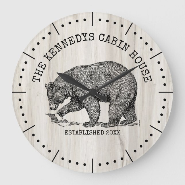 Black Bear Family Name Natural Wood Cabin House   Large Clock (Front)