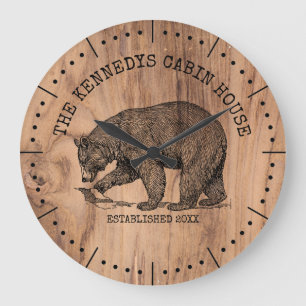 Black Bear Family Name Rustic Wood Cabin House Large Clock