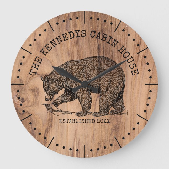 Black Bear Family Name Rustic Wood Cabin House Large Clock (Front)