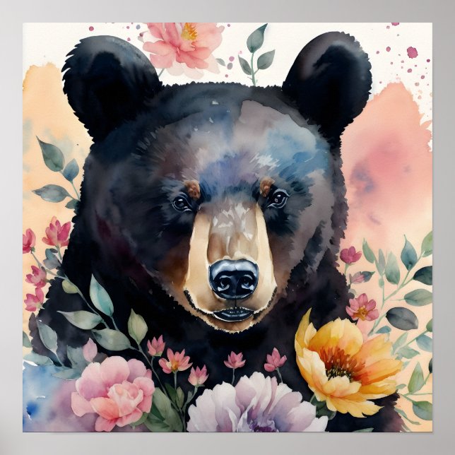 Black Bear Floral Watercolor Portrait Poster (Front)