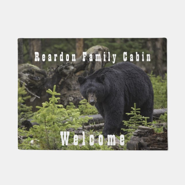Black Bear Forest Family Cabin, Rustic, Welcome Doormat (Front)