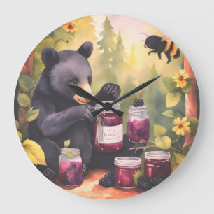 Black Bear gathering blackberry jam Large Clock