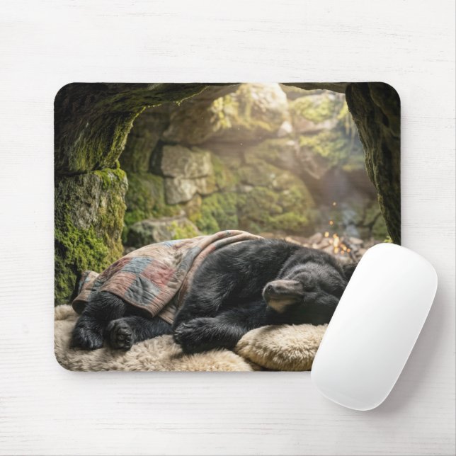 Black Bear Hibernating Under a Quilt Mouse Pad (With Mouse)
