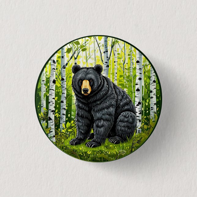 Black Bear in a Birch Forest 3 Cm Round Badge (Front)