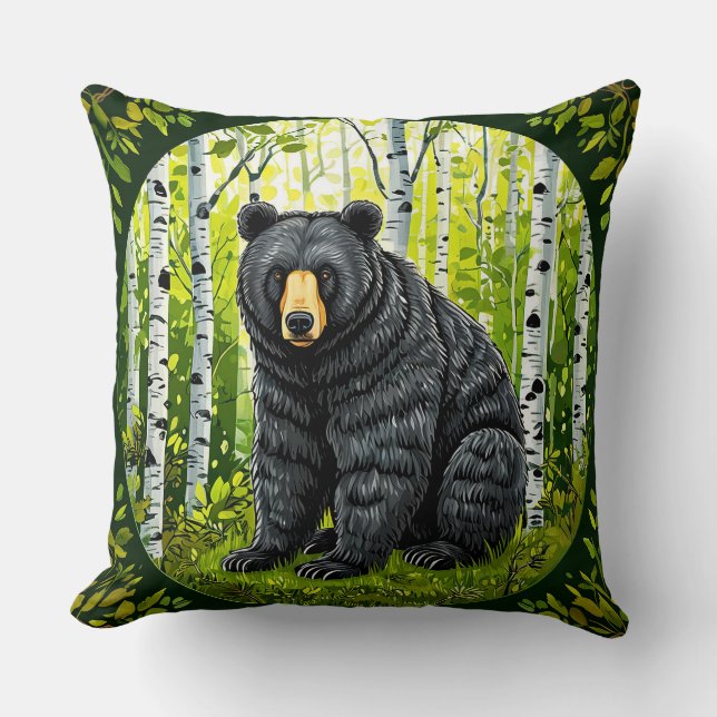 Black Bear in a Birch Forest Cushion (Front)