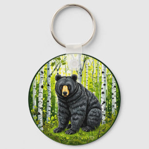Black Bear in a Birch Forest Key Ring