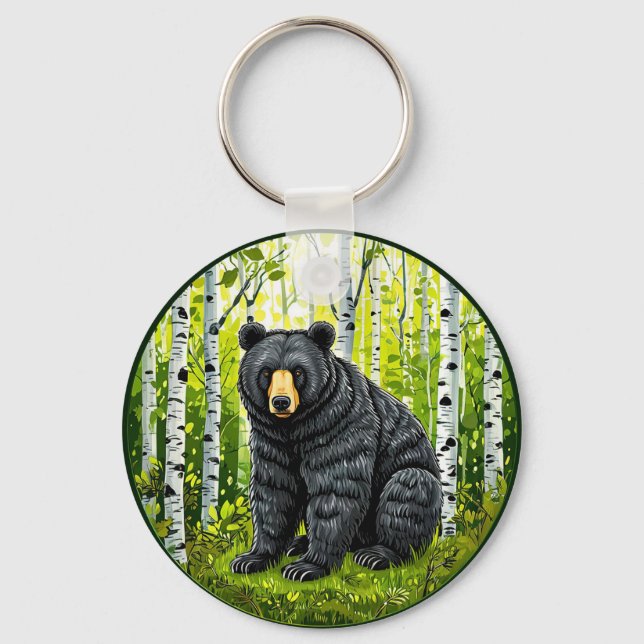 Black Bear in a Birch Forest Key Ring (Front)