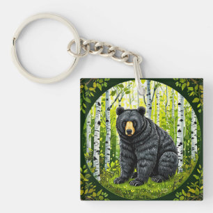Black Bear in a Birch Forest Key Ring