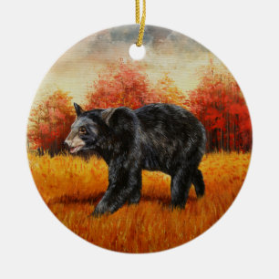 Black Bear in Autumn Forest Ceramic Ornament