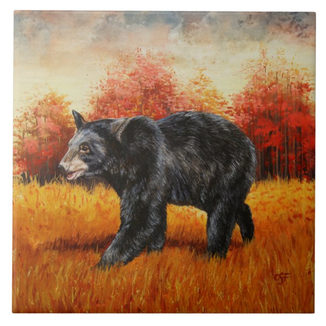Black Bear in Autumn Forest Ceramic Tile (Front)