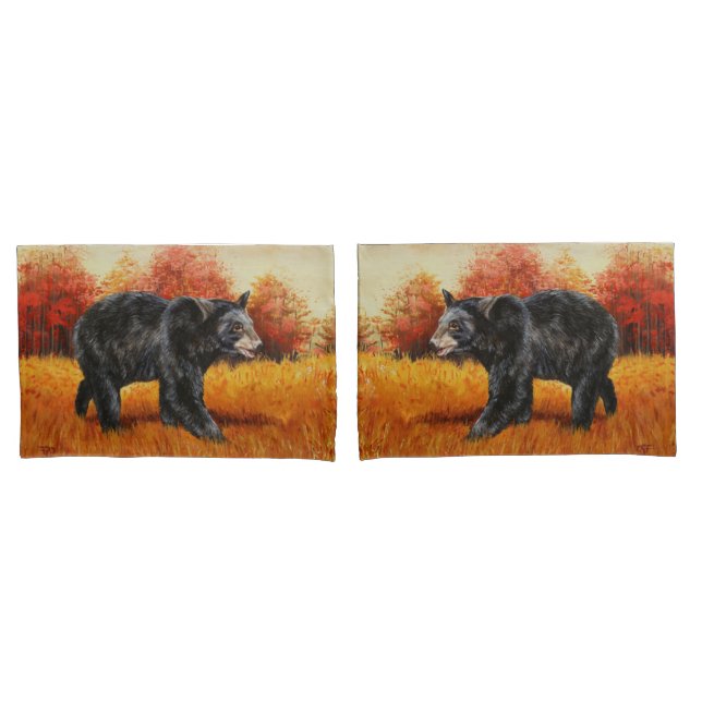 Black Bear in Autumn Forest Pillowcase (Front-Set)
