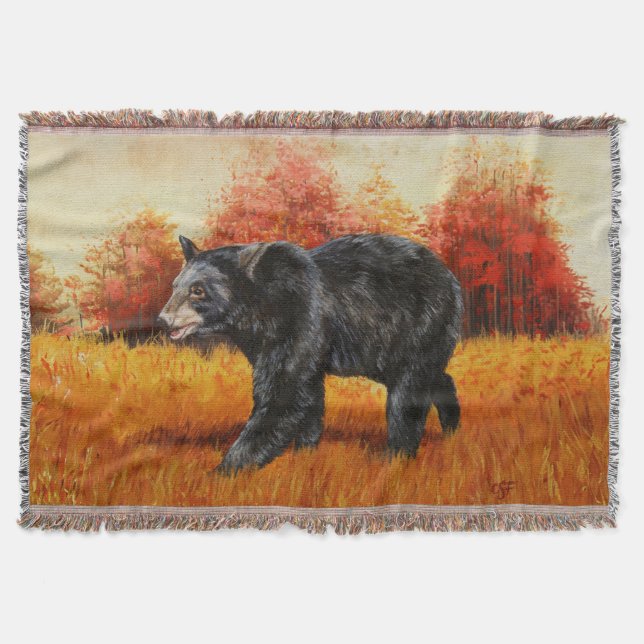 Black Bear in Autumn Forest Throw Blanket (Front)