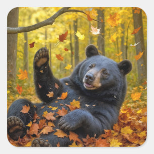 Black Bear In Autumn Leaves Square Sticker