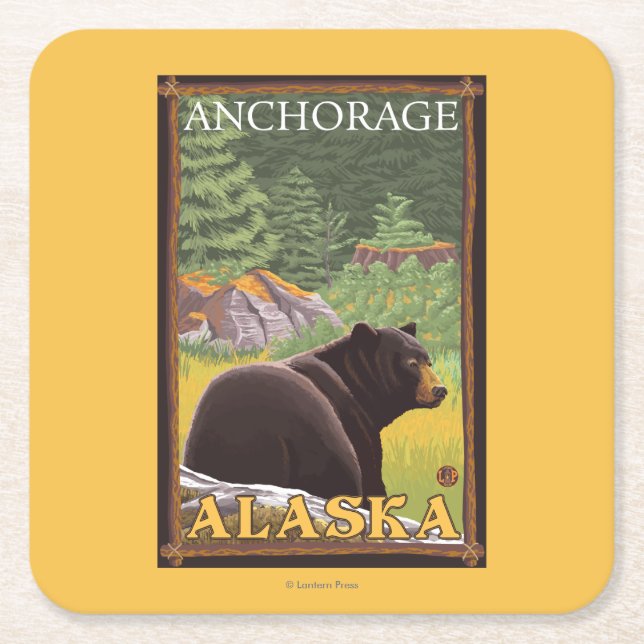 Black Bear in Forest - Anchorage, Alaska Square Paper Coaster (Front)