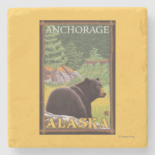 Black Bear in Forest - Anchorage, Alaska Stone Coaster