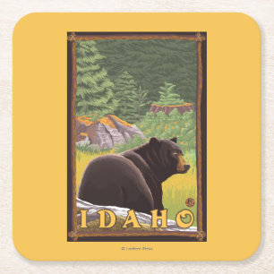 Black Bear in Forest - Idaho Square Paper Coaster