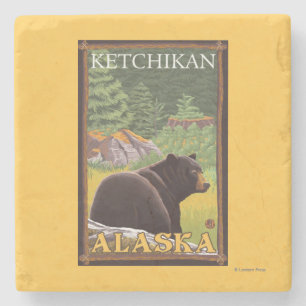 Black Bear in Forest - Ketchikan, Alaska Stone Coaster