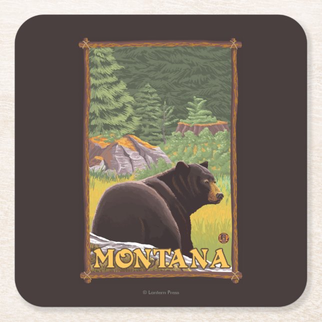 Black Bear in Forest - Montana Square Paper Coaster (Front)