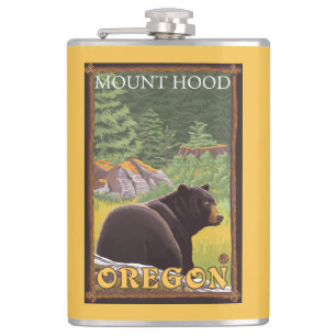 Black Bear in Forest - Mount Hood, Oregon Hip Flask