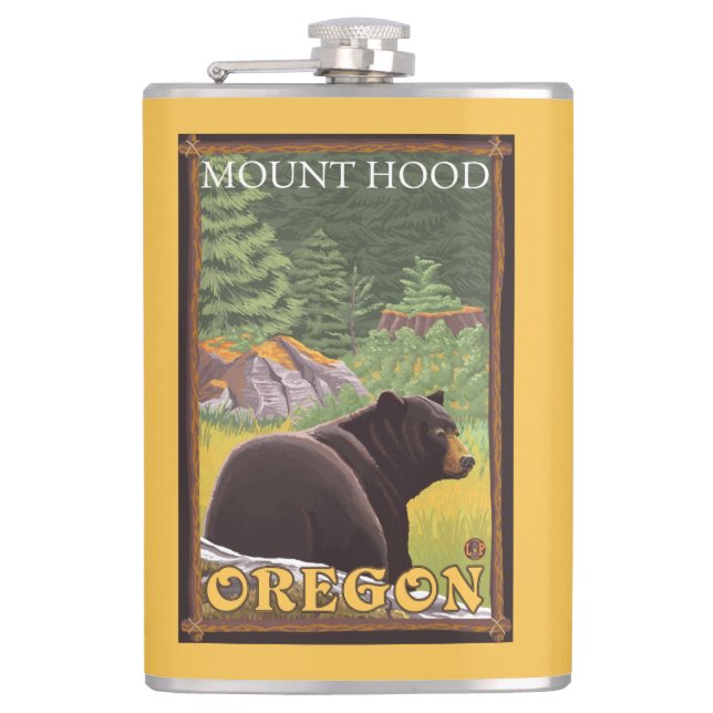Black Bear in Forest - Mount Hood, Oregon Hip Flask (Front)