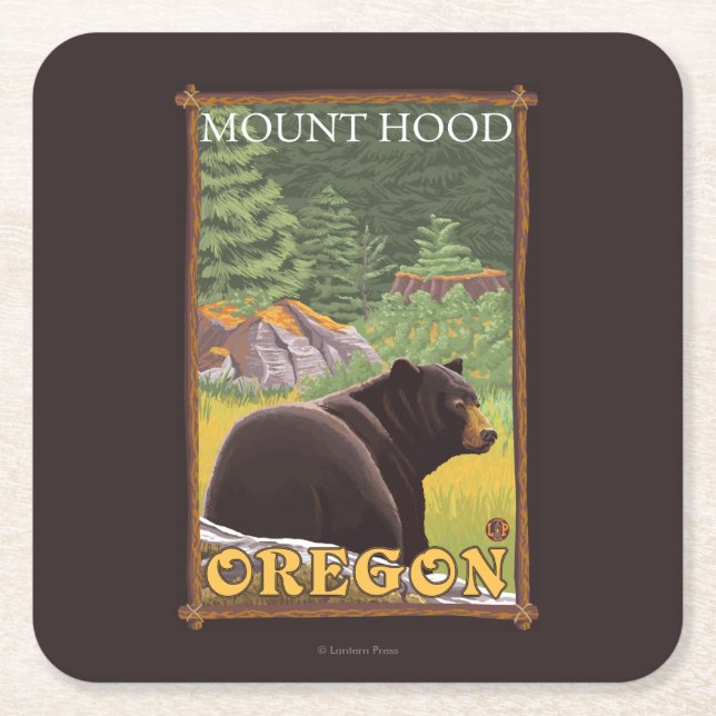 Black Bear in Forest - Mount Hood, Oregon Square Paper Coaster (Front)