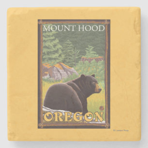 Black Bear in Forest - Mount Hood, Oregon Stone Coaster