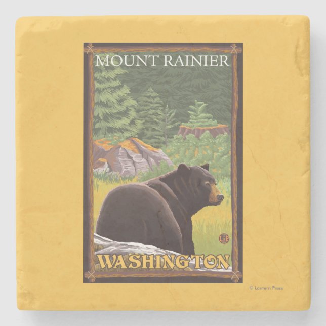 Black Bear in Forest - Mount Rainier, Washington Stone Coaster (Front)