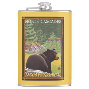 Black Bear in Forest - North Cascades, Washingto Hip Flask