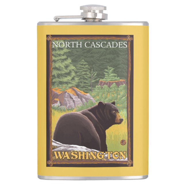 Black Bear in Forest - North Cascades, Washingto Hip Flask (Front)