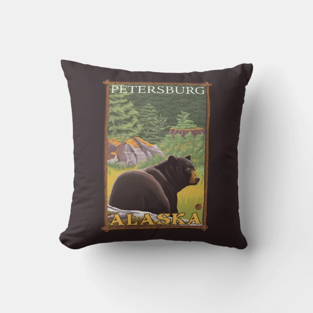 Black Bear in Forest - Petersburg, Alaska Cushion (Front)