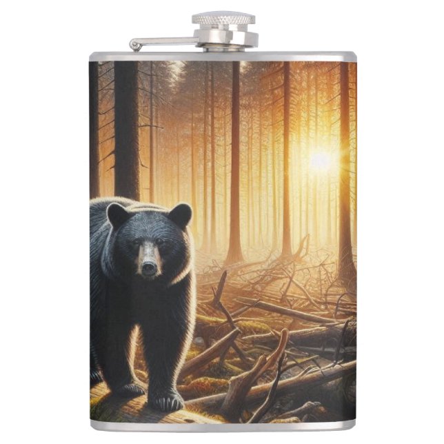 Black Bear in Forest Scene Hip Flask (Front)