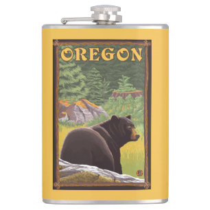Black Bear in Forest Scene Vintage Travel Hip Flask